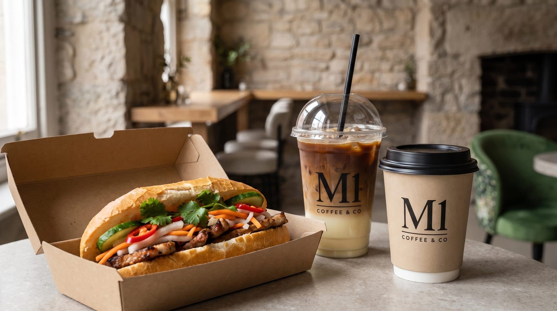 A bánh mì in an open kraft box beside an iced cà phê sữa đá