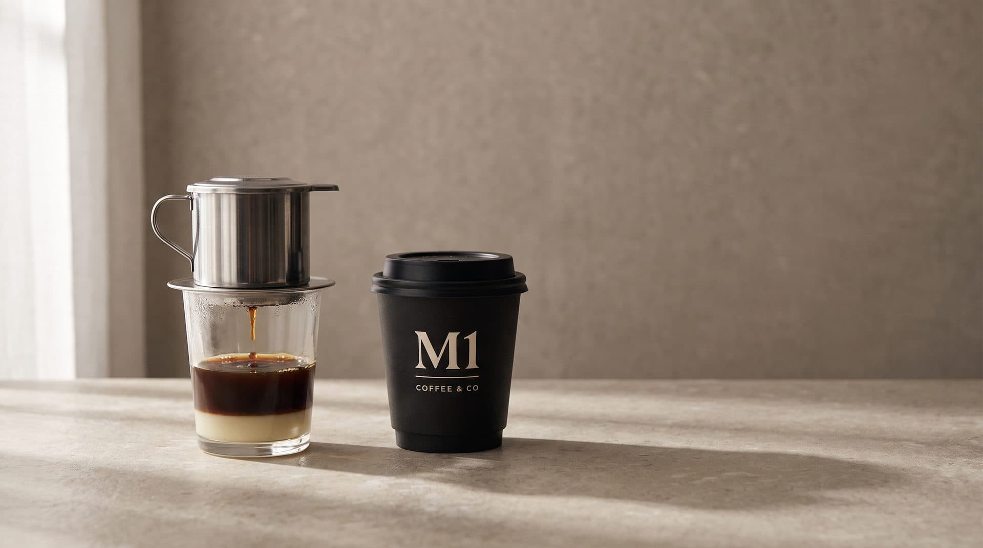 A phin filter dripping coffee onto condensed milk beside a black M1 cup
