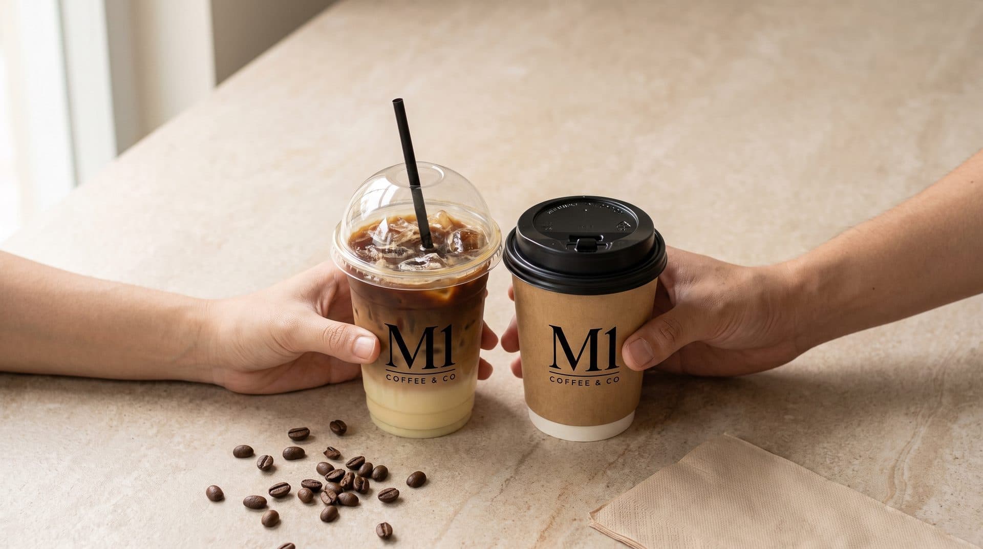 Two hands sliding M1 coffee cups together across a stone table