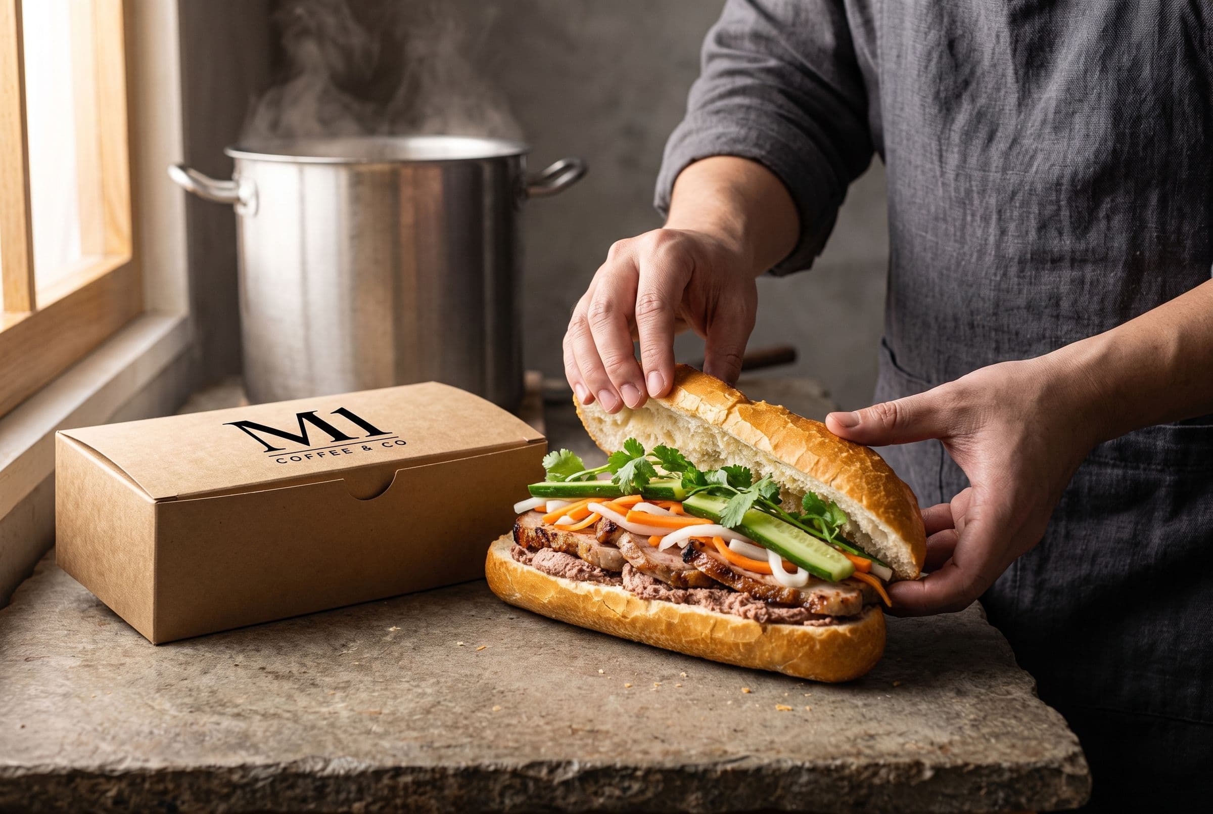 Bánh mì loaves being split and filled on a steel counter