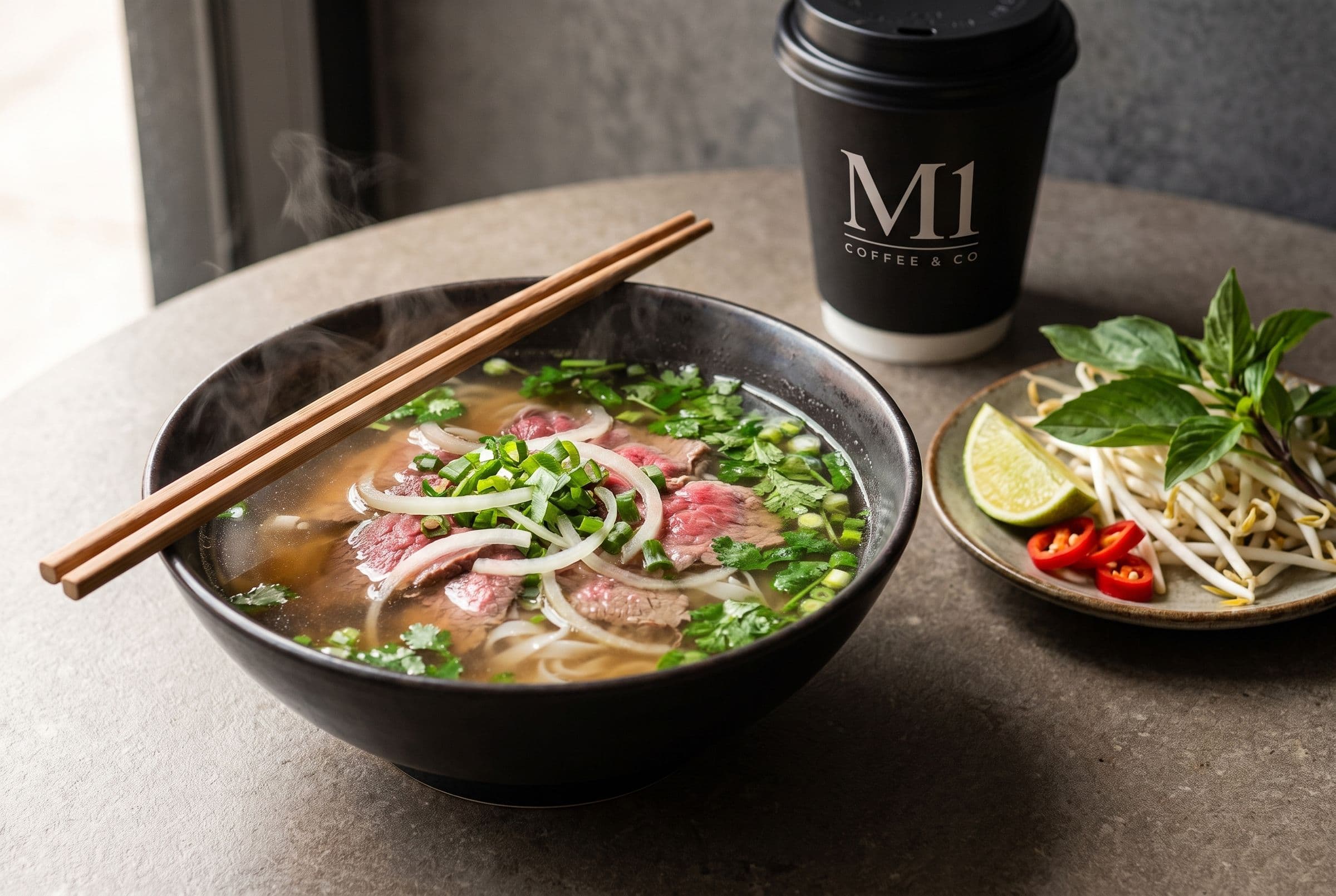 A bowl of phở bò with rare beef, herbs and lime on a stone table