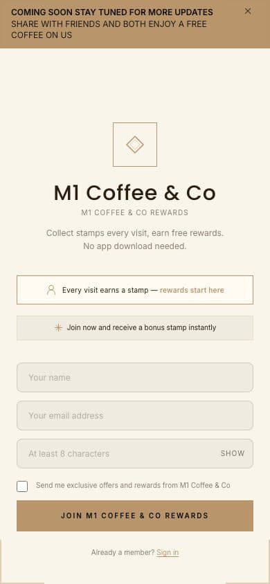 The M1 join page on Loylt: name, email, password and a Join button